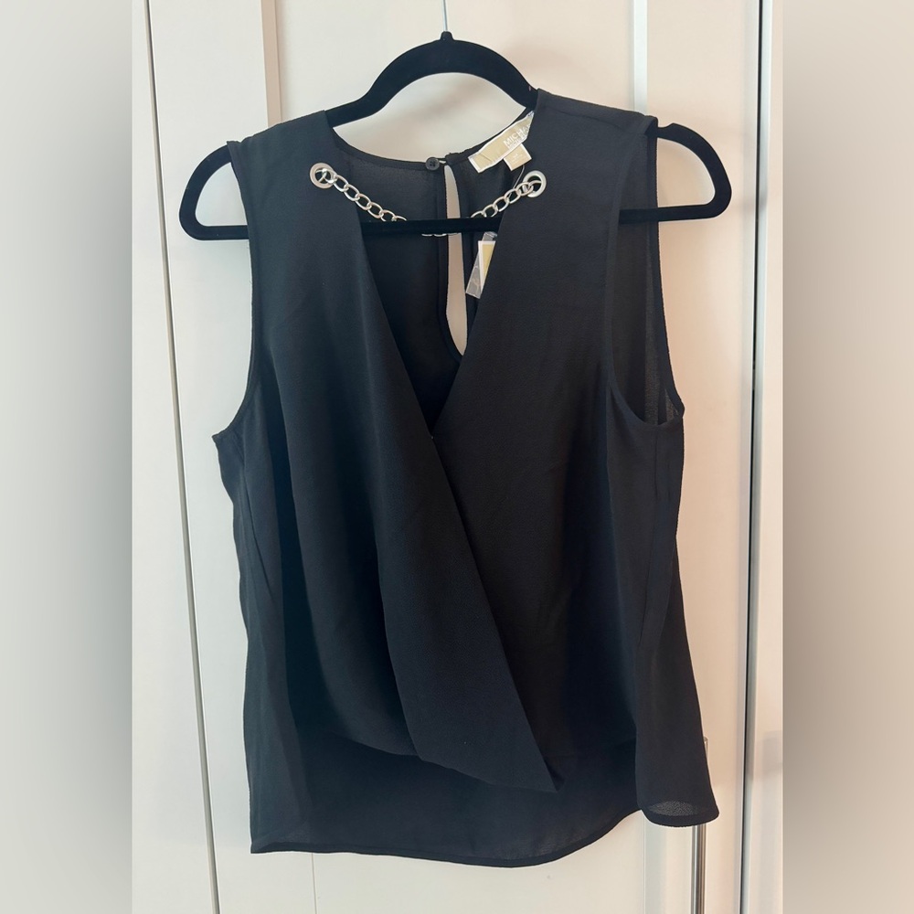 Michael Kors Black Faux Wrap V-Neck Blouse with Chain, Size Medium